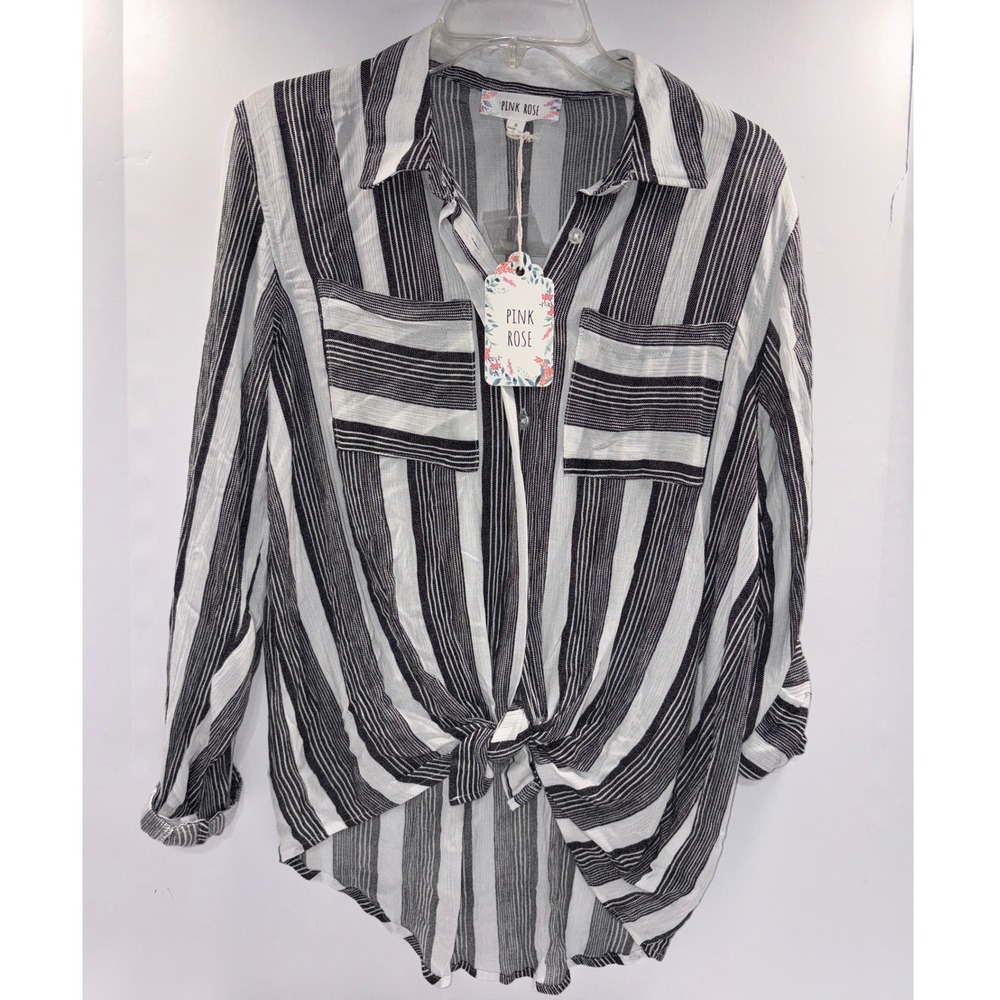 Pink Rose Womens Black Ivory Striped Tie Front Button Down Rayon Shirt PS0W30059
